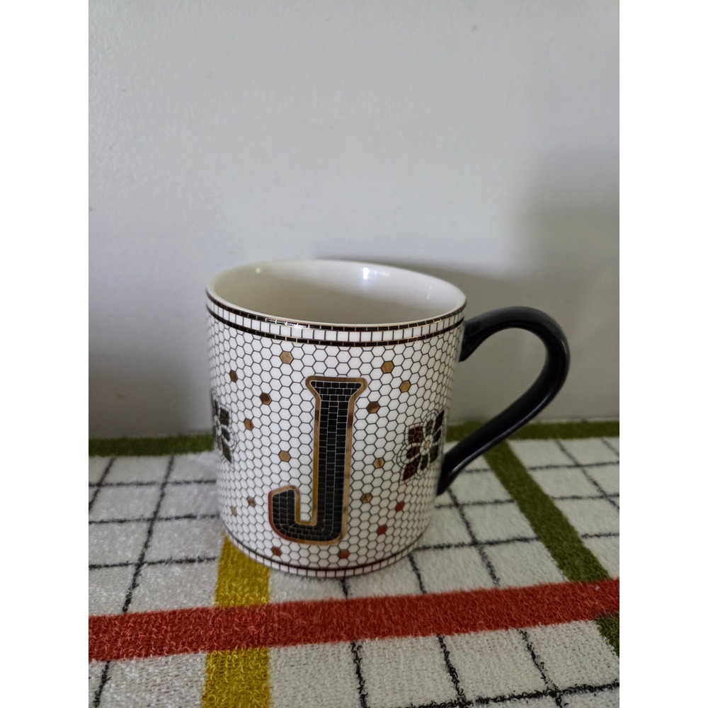 Anthropologie Tiled Margot Monogram Mug Letter J Mosaic Bistro Coffee Cup Black